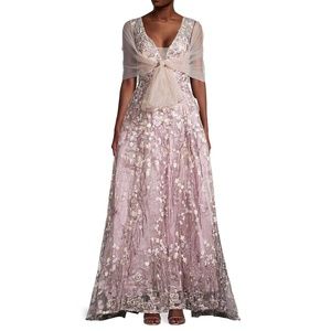 Mac Duggal Lace Floral Pleated A-Line Gown, Size 6, Lavender